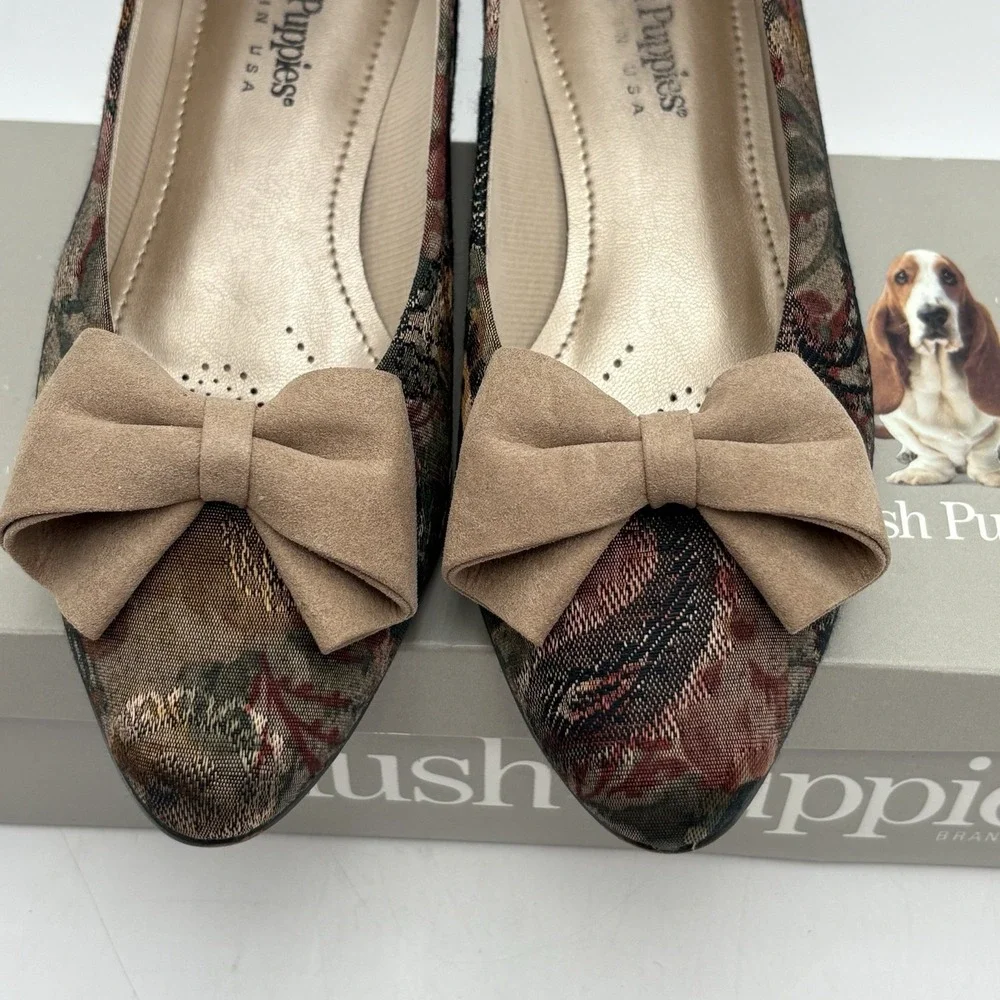 Vintage‎ Hush Puppies Ashle Camel Floral Tapestry Flats Shoes 8.5M USA 90s Bow